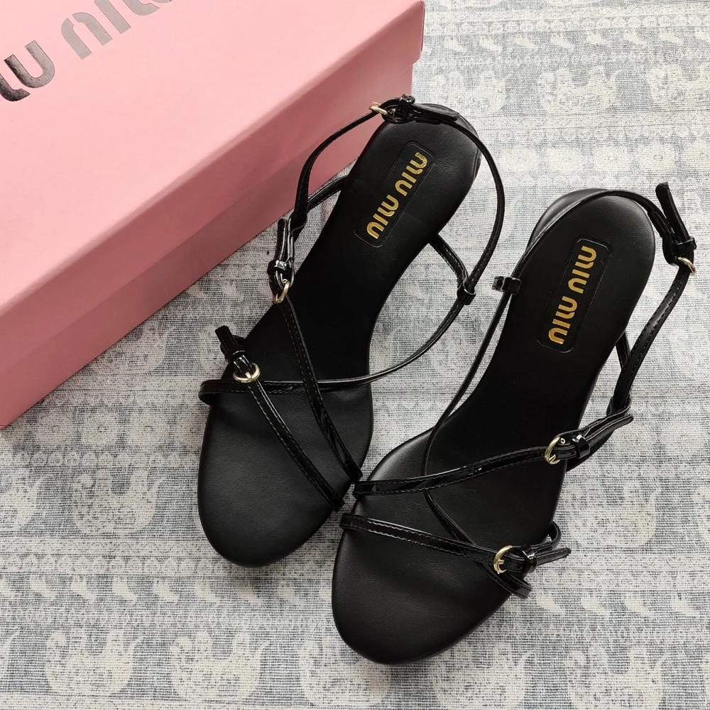 Miu Miu Black Leather Strappy Heeled Sandals with Gold Accents - Picture 1 of 5